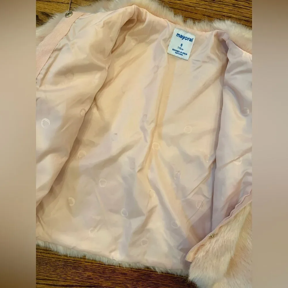 MAYORAL SAKS Girls Faux Fur Pink Fluffy Fancy Dress Coat Jacket Girls 5 110